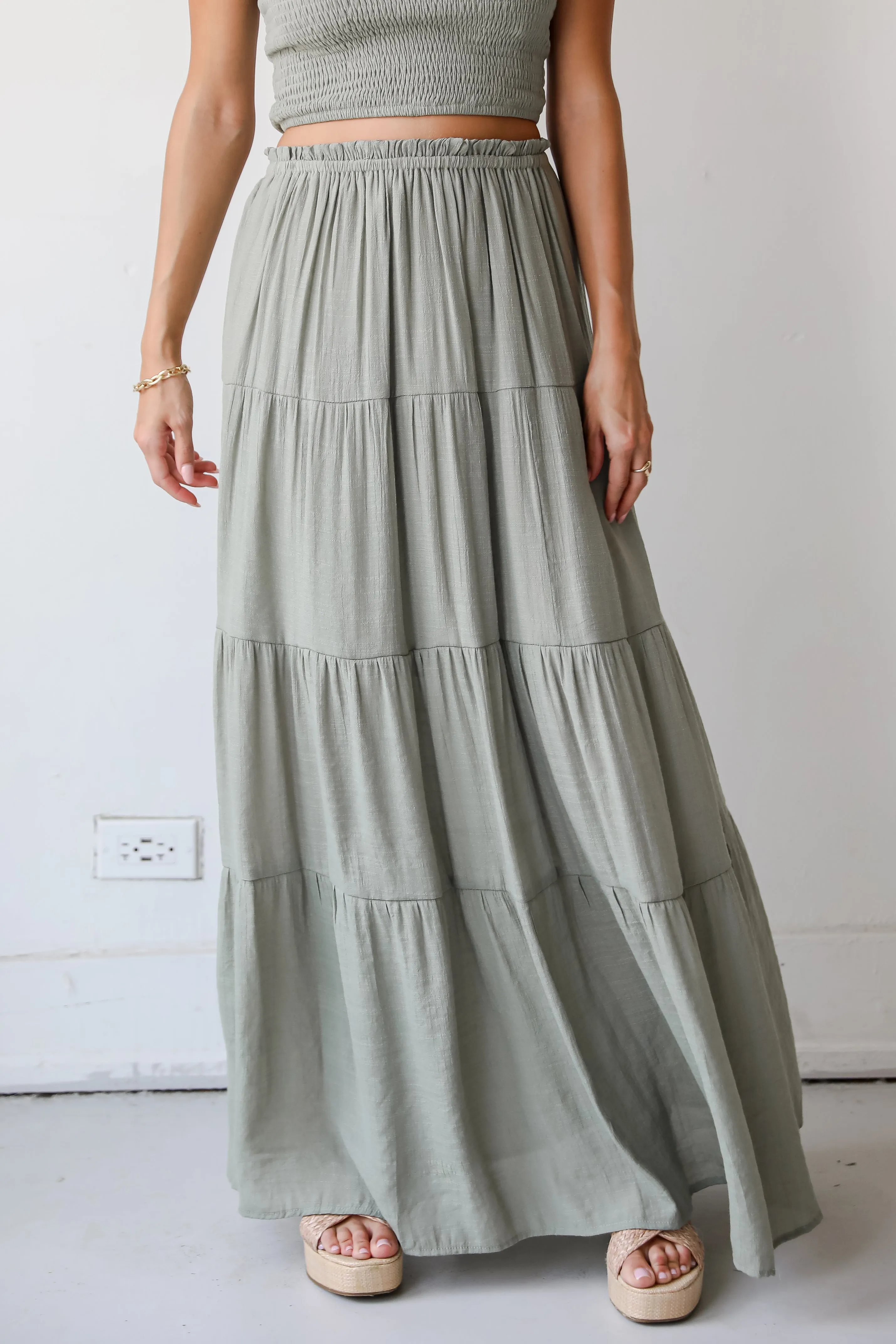 Goddess Vibes Light Olive Tiered Maxi Skirt - DU DEAL