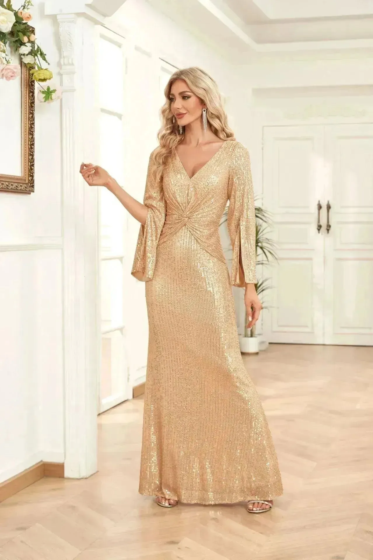 Gold Sequin Slim Fishtail Bridesmaid Banquet Party Wedding Evening Dress