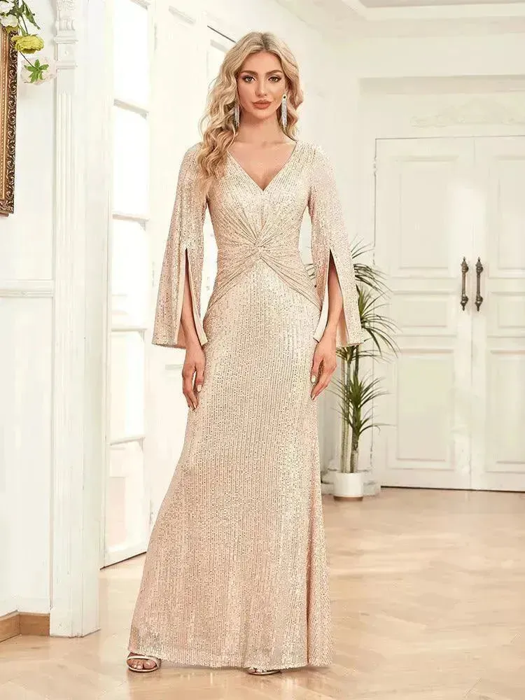 Gold Sequin Slim Fishtail Bridesmaid Banquet Party Wedding Evening Dress