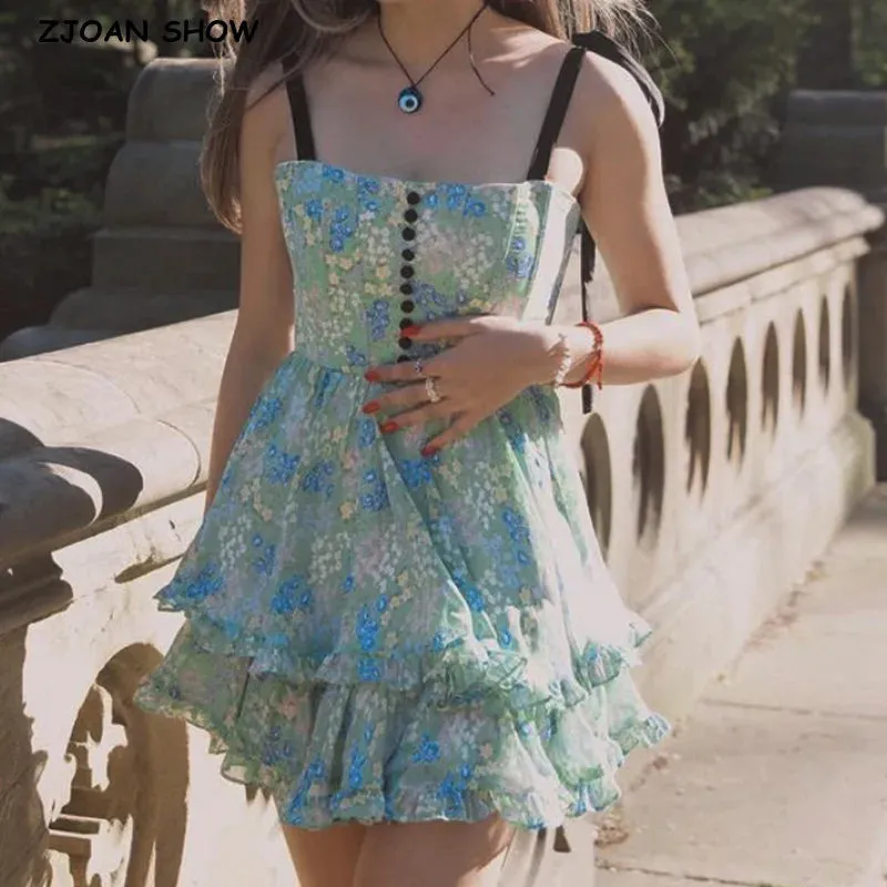 Green Floral Print Tie Strap Ruffled Dress