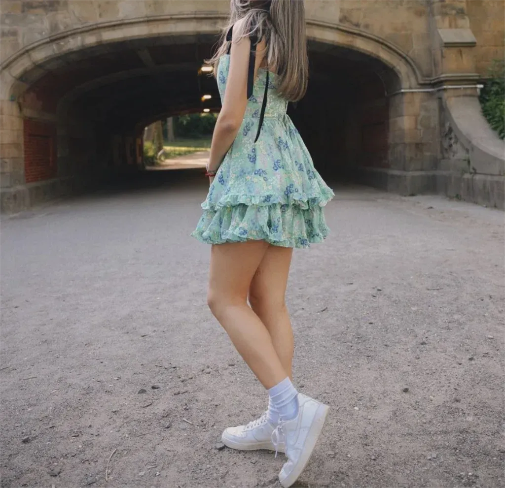 Green Floral Print Tie Strap Ruffled Dress