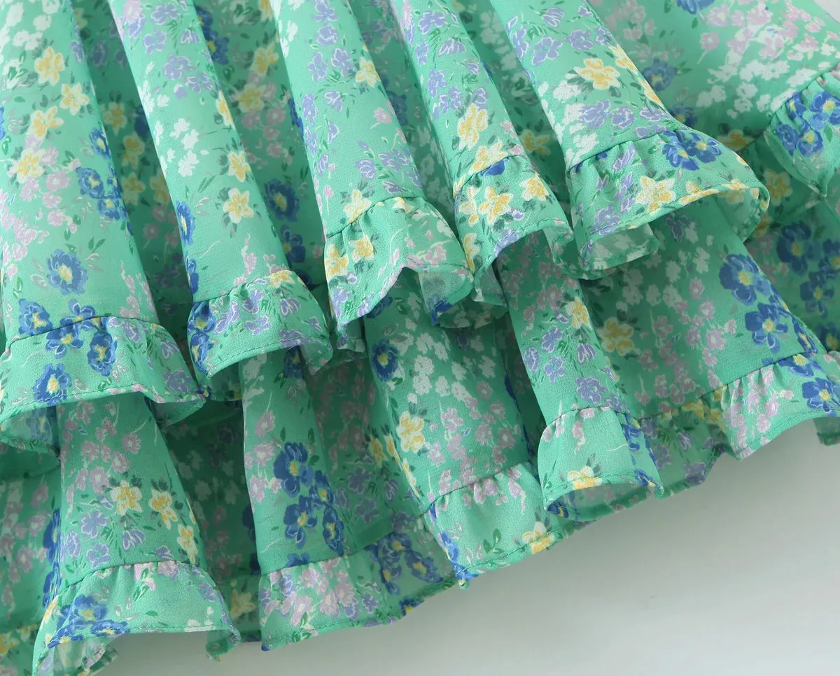 Green Floral Print Tie Strap Ruffled Dress