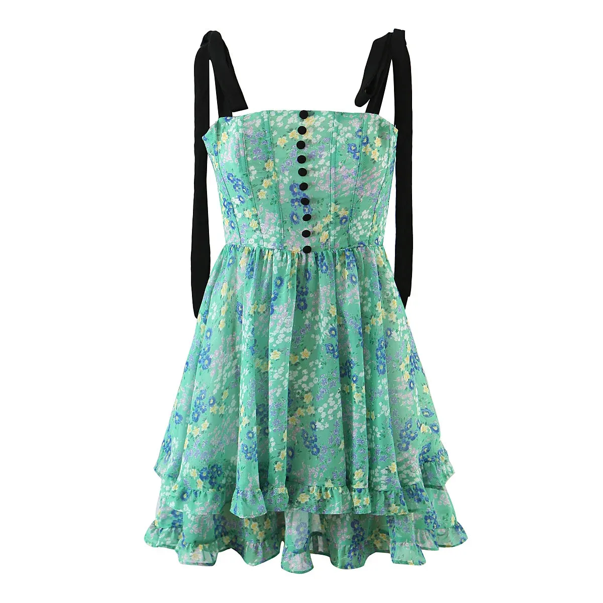 Green Floral Print Tie Strap Ruffled Dress