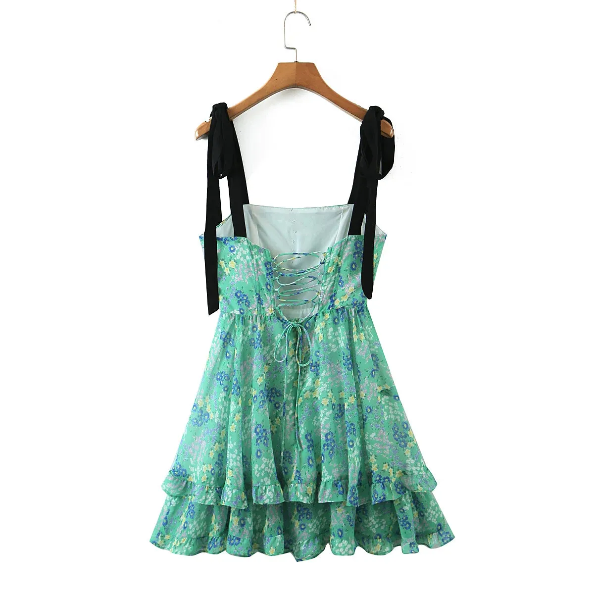 Green Floral Print Tie Strap Ruffled Dress