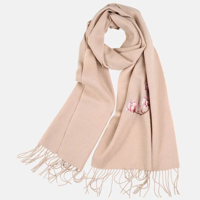 Handmade Suzhou Embroidery Wool Cashmere Scarf with Magnolia Flower 200x38cm