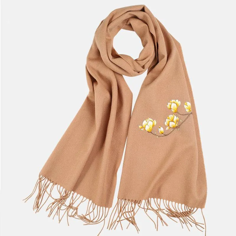 Handmade Suzhou Embroidery Wool Cashmere Scarf with Magnolia Flower 200x38cm