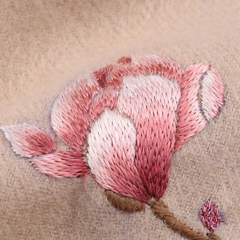 Handmade Suzhou Embroidery Wool Cashmere Scarf with Magnolia Flower 200x38cm