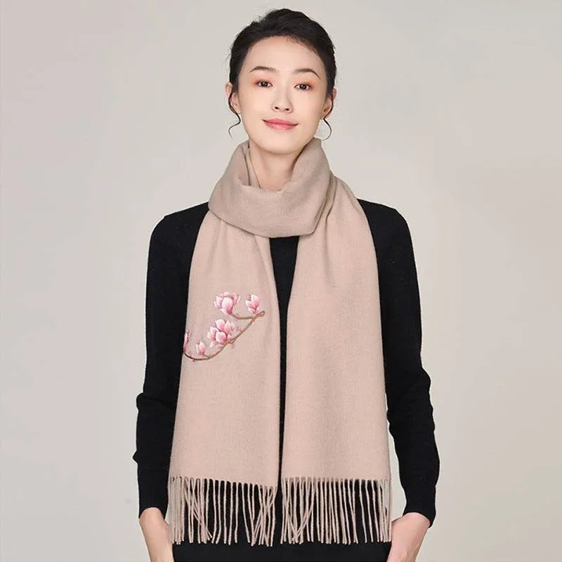 Handmade Suzhou Embroidery Wool Cashmere Scarf with Magnolia Flower 200x38cm