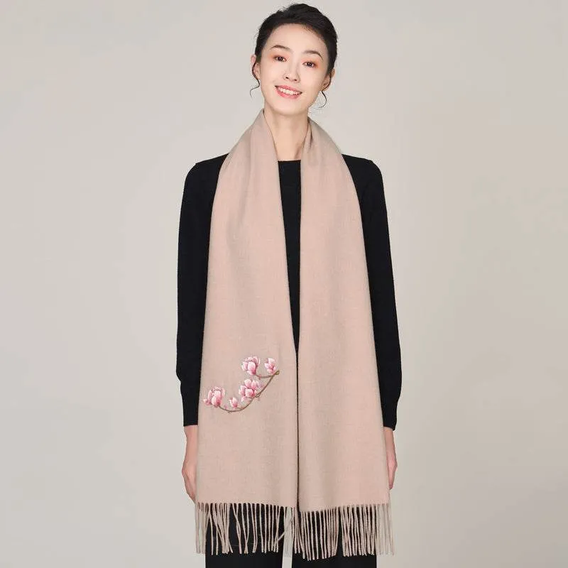 Handmade Suzhou Embroidery Wool Cashmere Scarf with Magnolia Flower 200x38cm