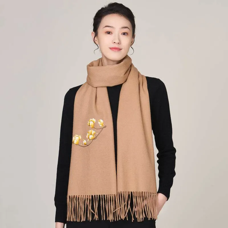 Handmade Suzhou Embroidery Wool Cashmere Scarf with Magnolia Flower 200x38cm