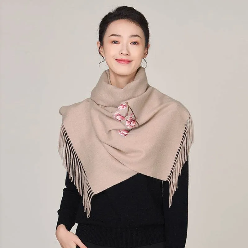 Handmade Suzhou Embroidery Wool Cashmere Scarf with Magnolia Flower 200x38cm