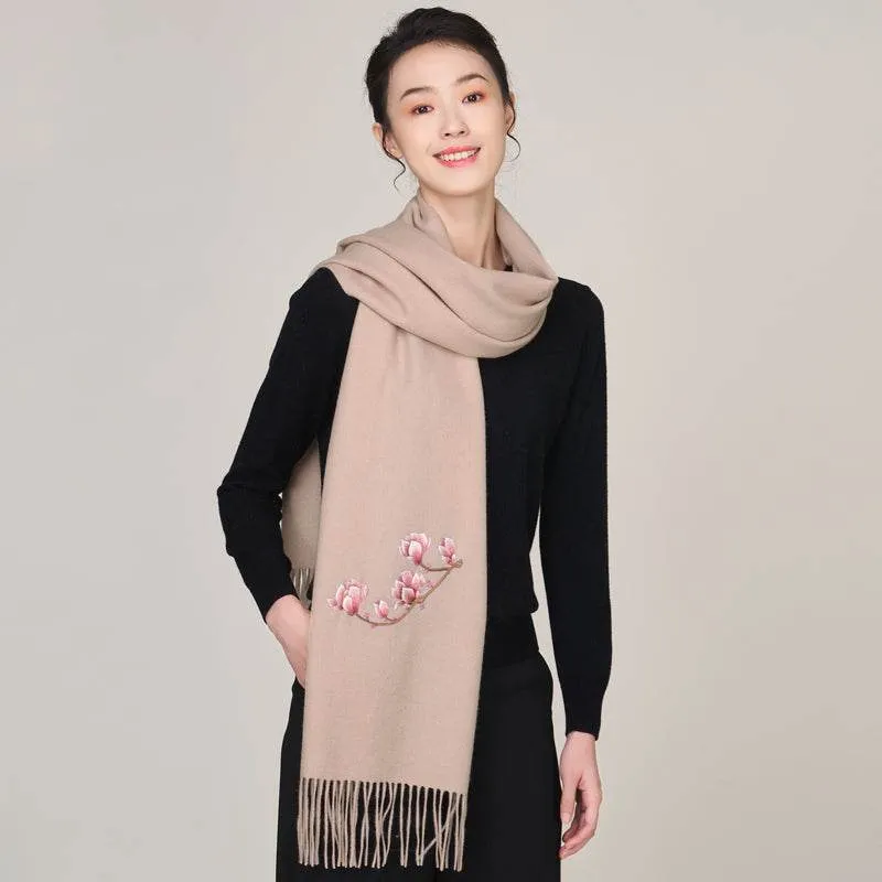 Handmade Suzhou Embroidery Wool Cashmere Scarf with Magnolia Flower 200x38cm