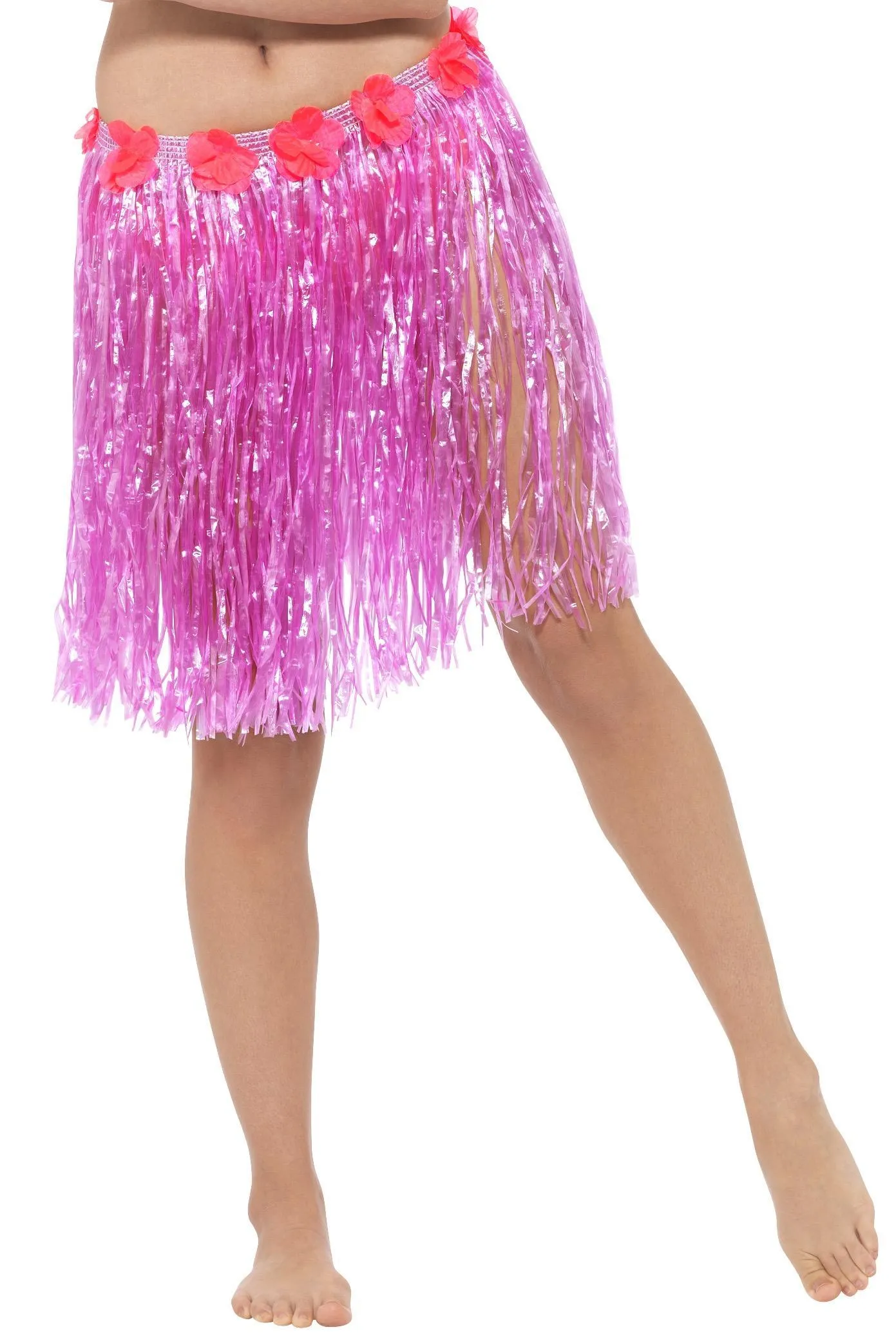 Hawaiian Hula Skirt with Flowers, Neon Pink