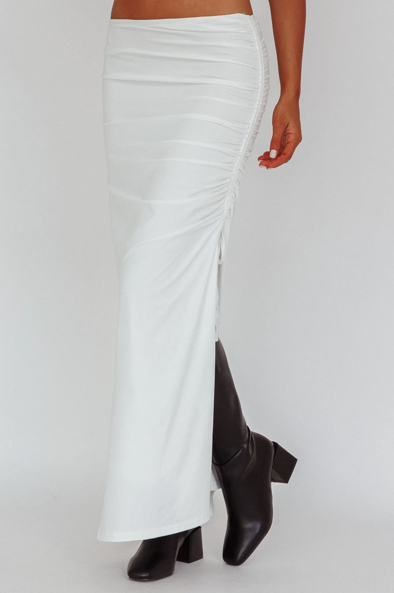 Headliner Ruched Side Maxi Skirt White