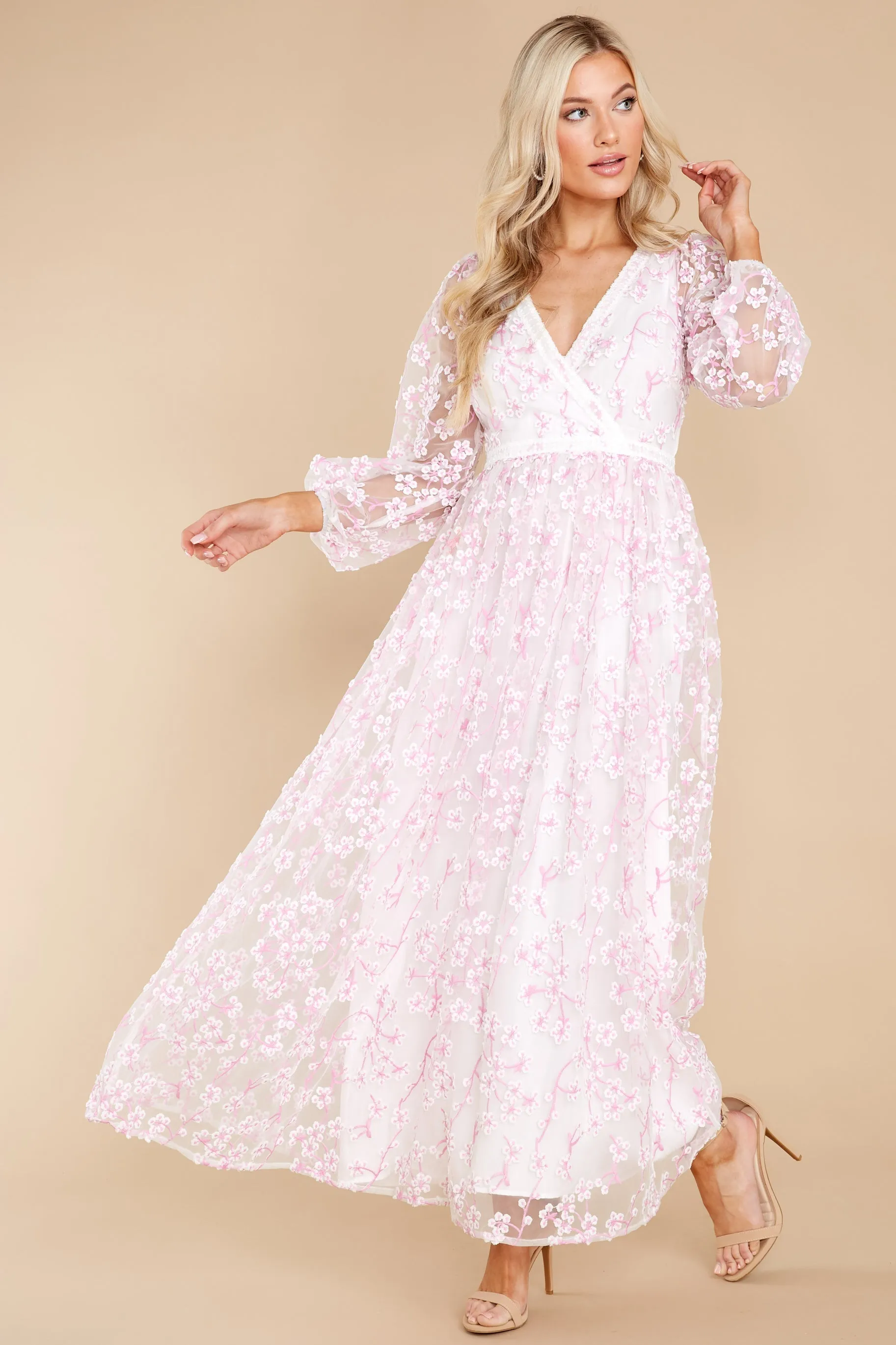 Heavenly Sights Pink And White Floral Embroidered Maxi Dress