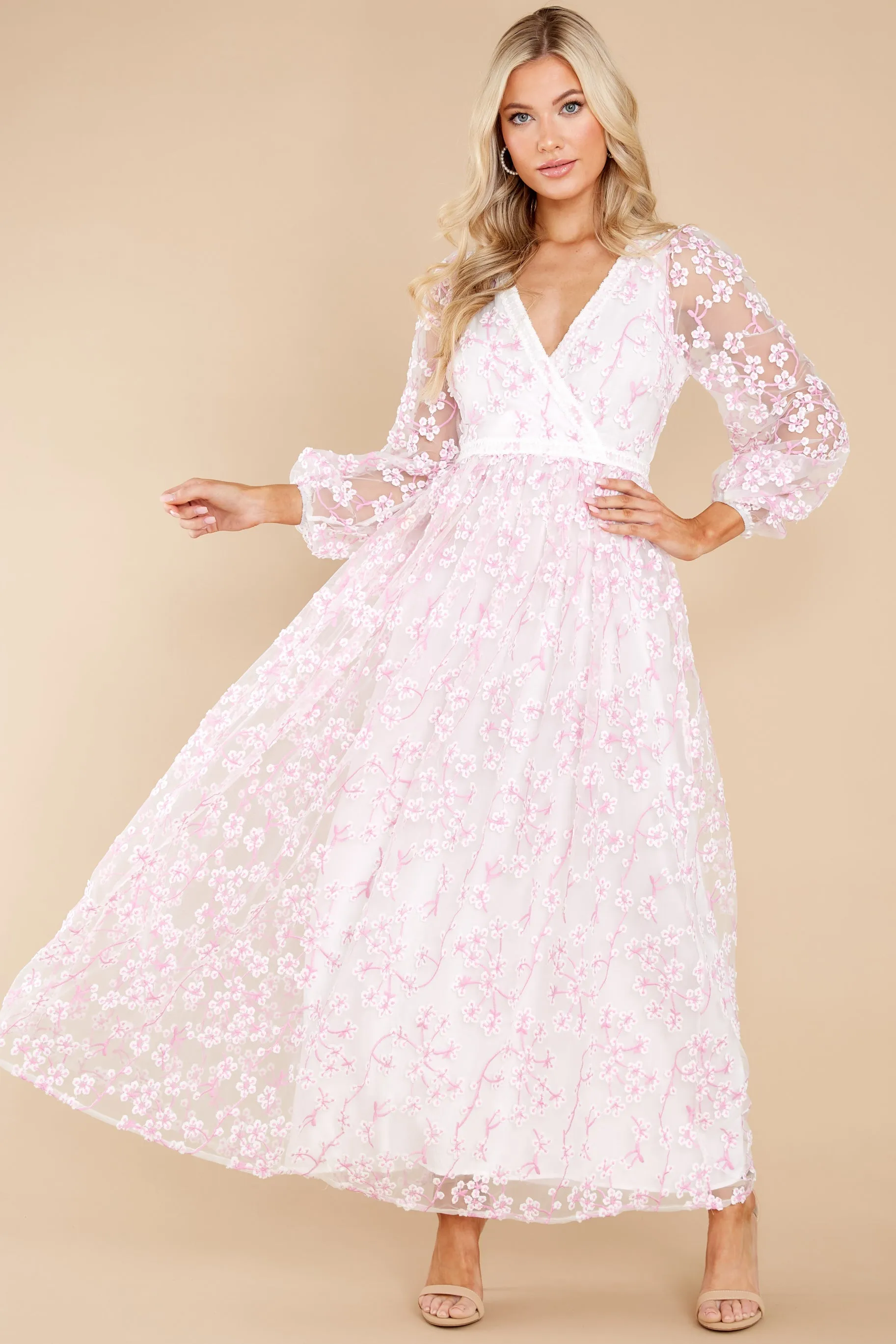 Heavenly Sights Pink And White Floral Embroidered Maxi Dress