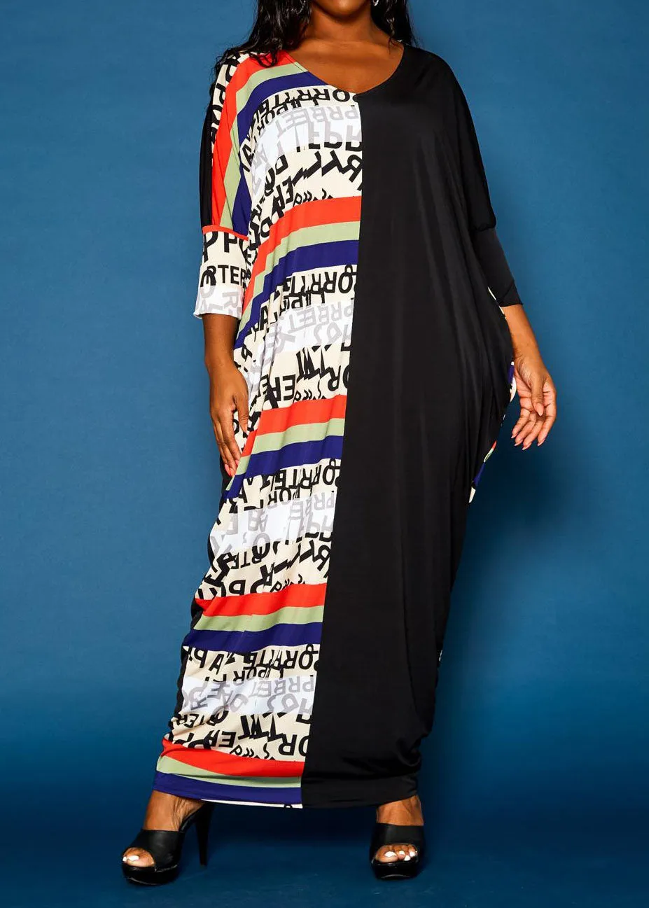 Hi Curvy Plus Size Women Multi Splice Caftan Maxi Dress With Pockets