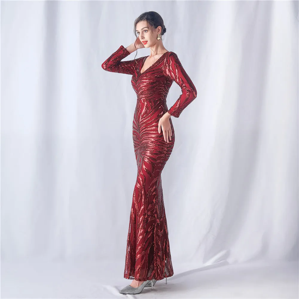 Hygeia-31556-Long Sleeve Beaded Formal Dress