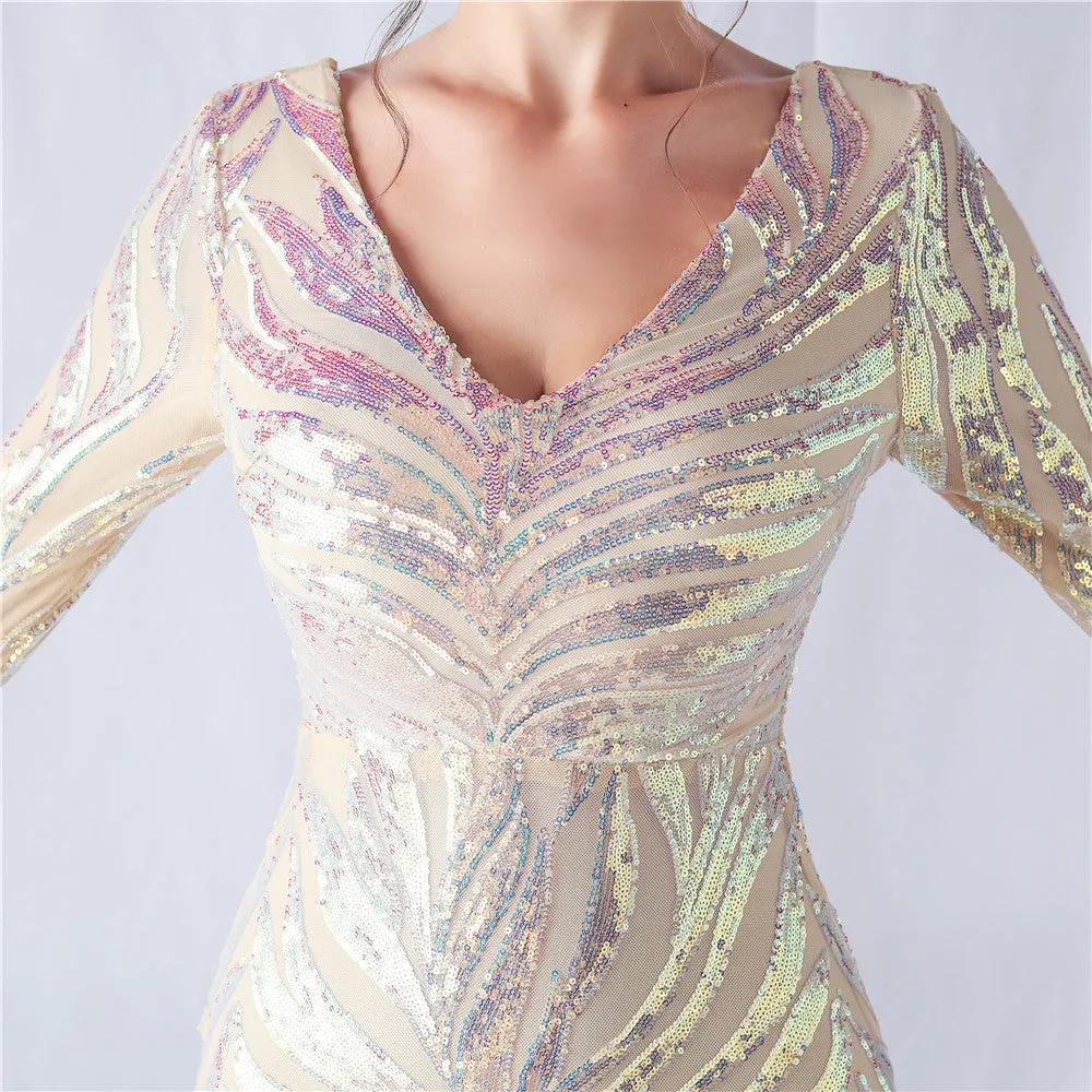 Hygeia-31556-Long Sleeve Beaded Formal Dress