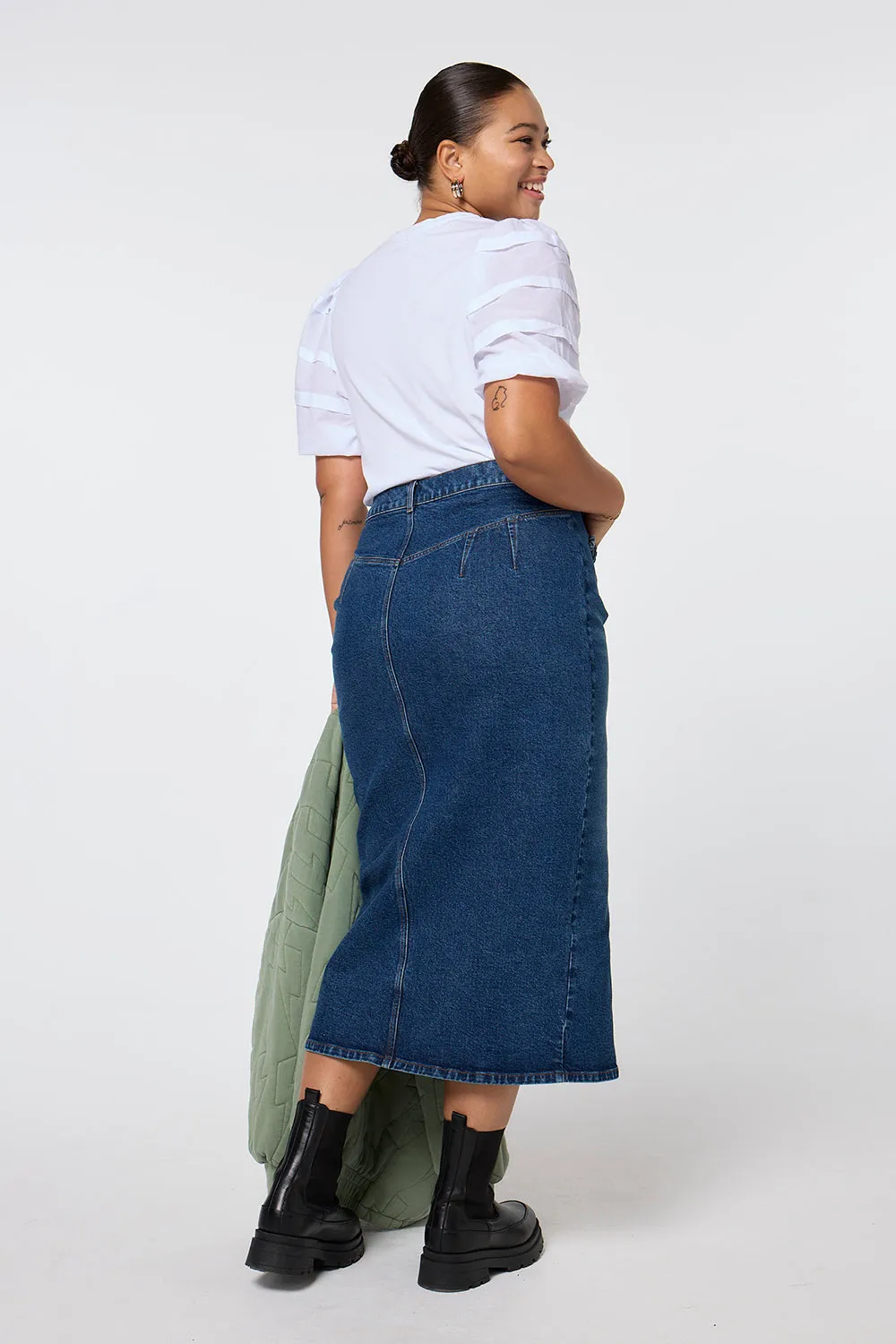 Indigo Denim Split Front Maxi Skirt