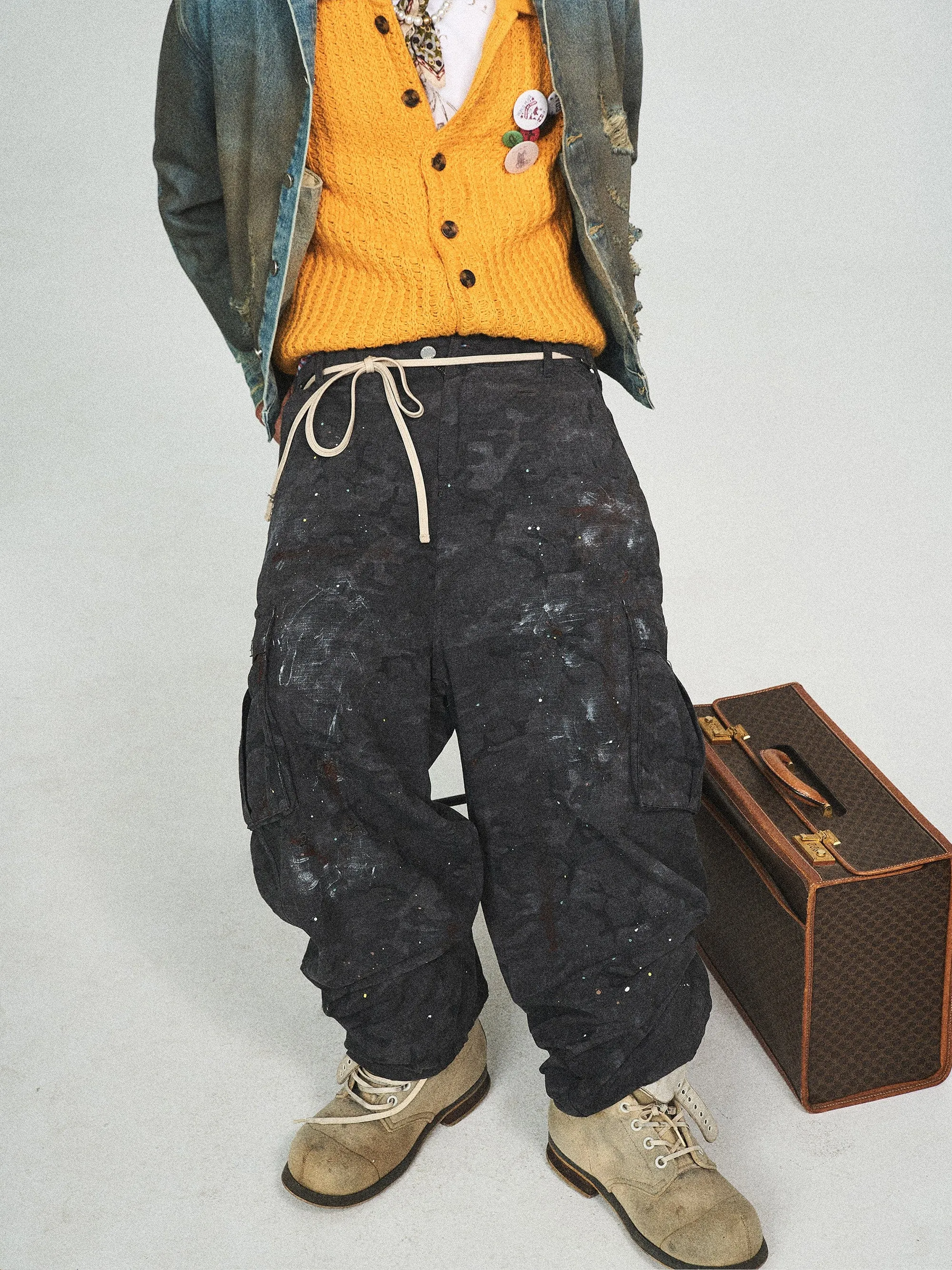 Ink-Splashed Black Cargo Pants