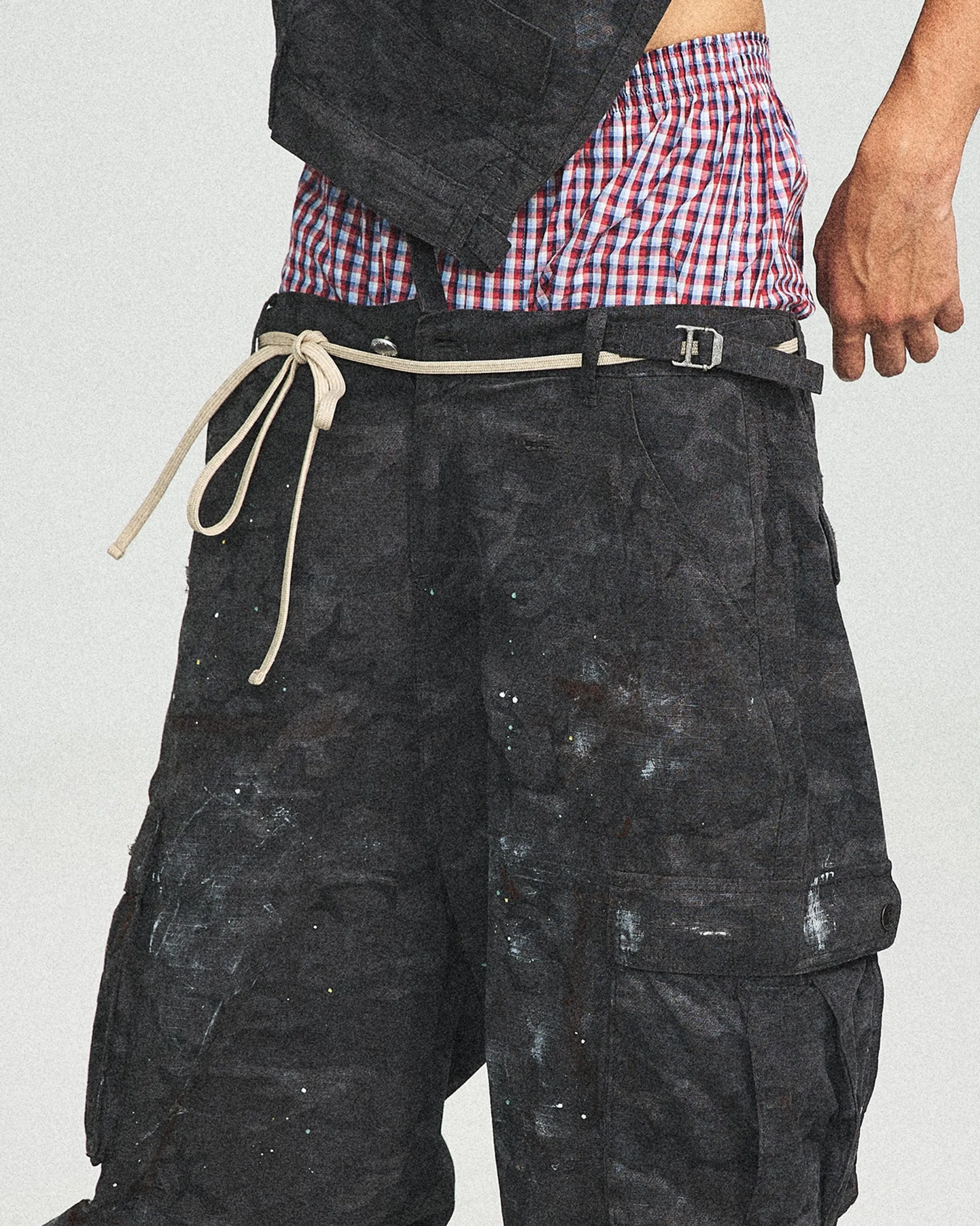 Ink-Splashed Black Cargo Pants