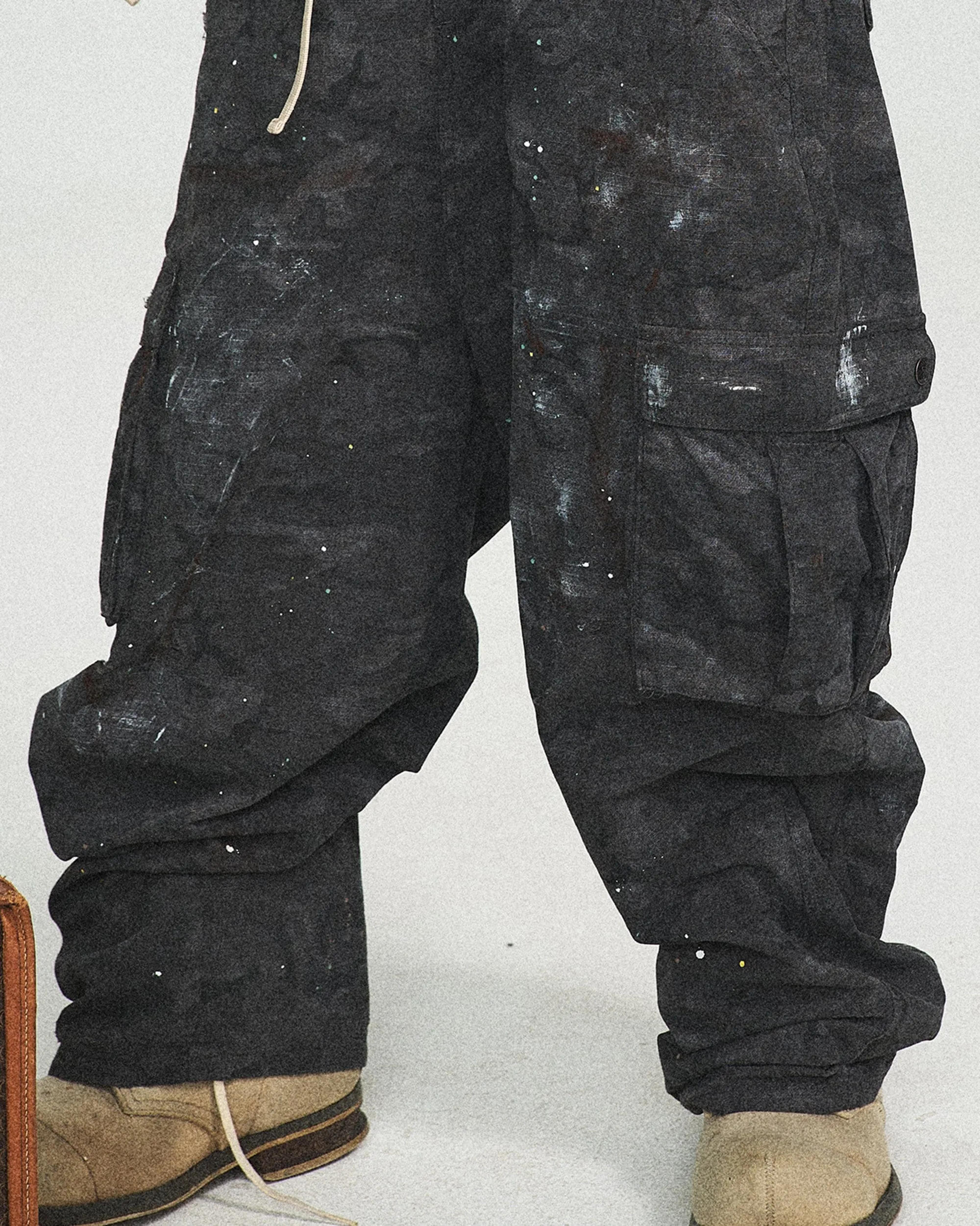 Ink-Splashed Black Cargo Pants