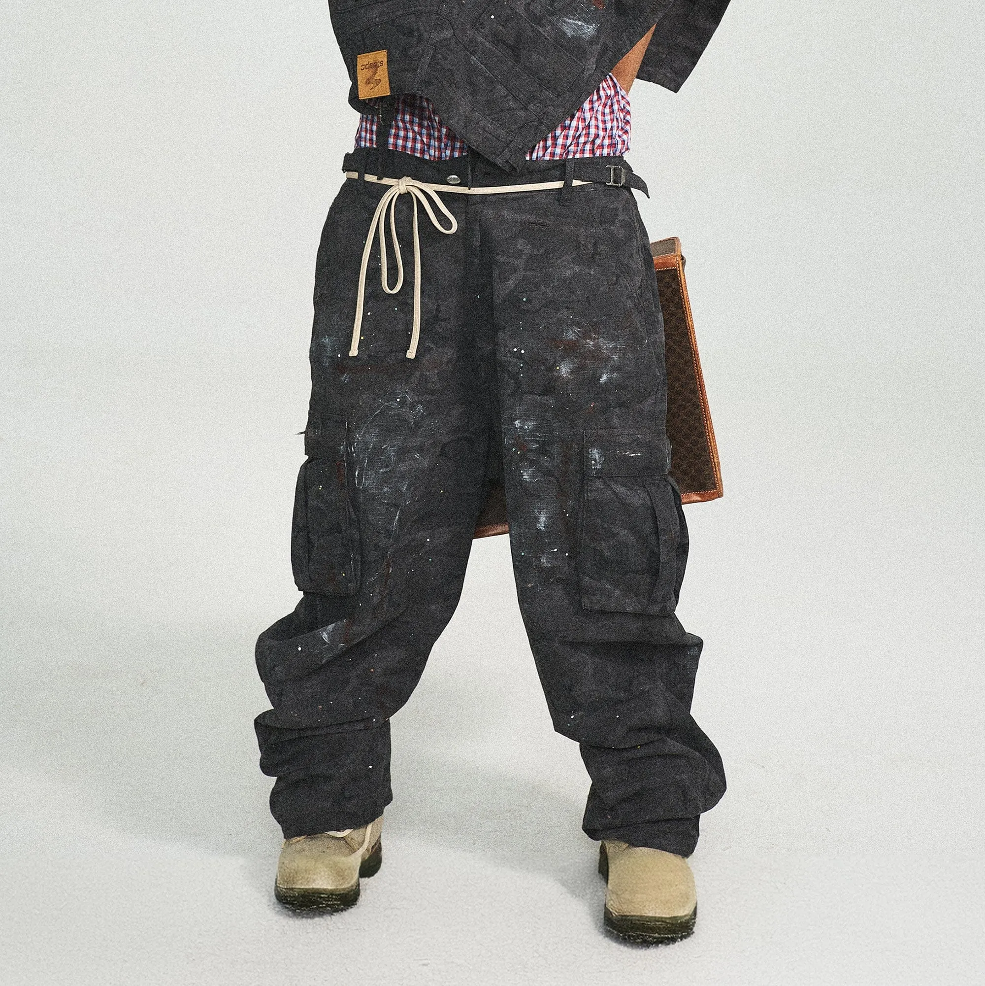 Ink-Splashed Black Cargo Pants