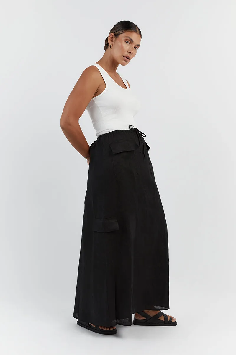 ISLA BLACK LINEN CARGO MAXI SKIRT