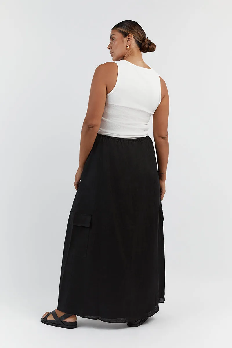 ISLA BLACK LINEN CARGO MAXI SKIRT