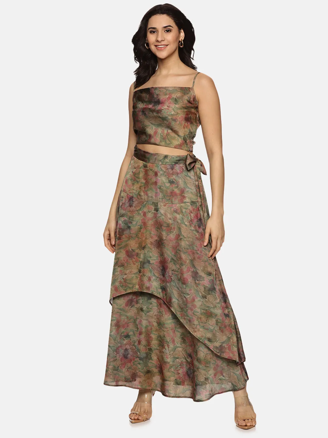 IS.U Floral Brown Asymmetrical Flare Co-ord Set