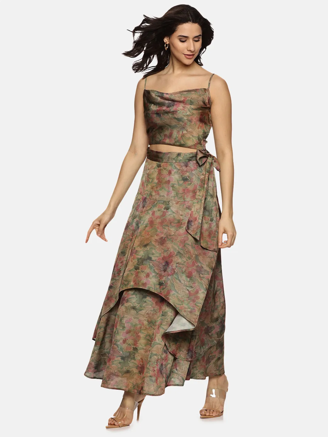 IS.U Floral Brown Asymmetrical Flare Co-ord Set