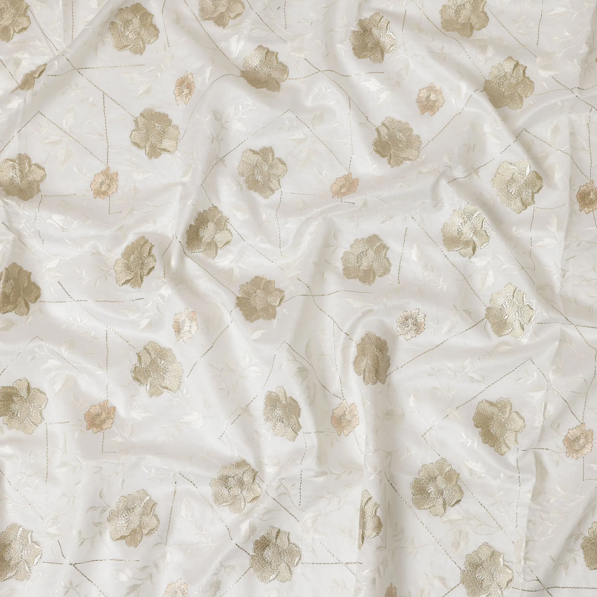 Ivory Cotton Silk Fabric with Gold and Peach Floral Embroidery, 110 cm Width-D20440