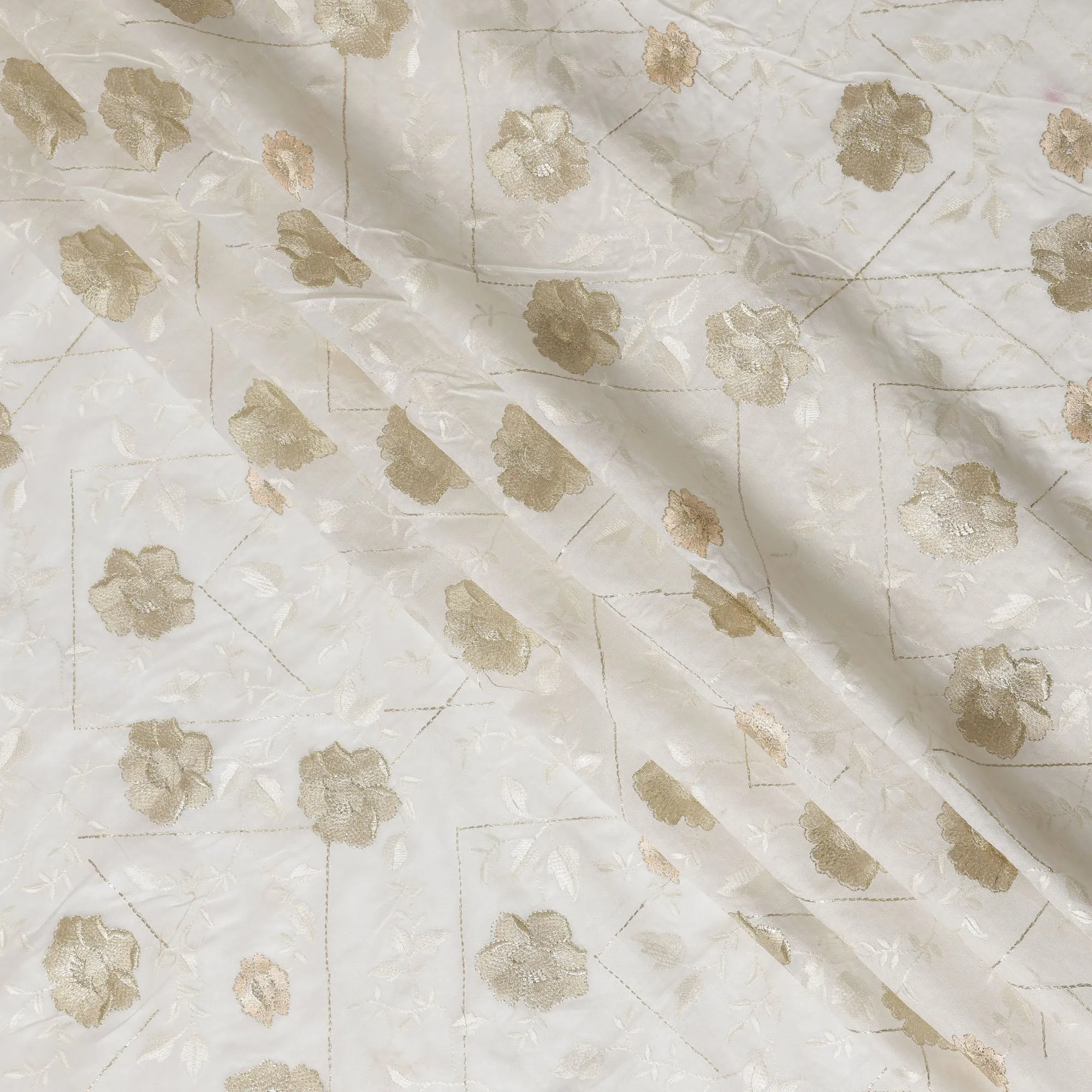 Ivory Cotton Silk Fabric with Gold and Peach Floral Embroidery, 110 cm Width-D20440