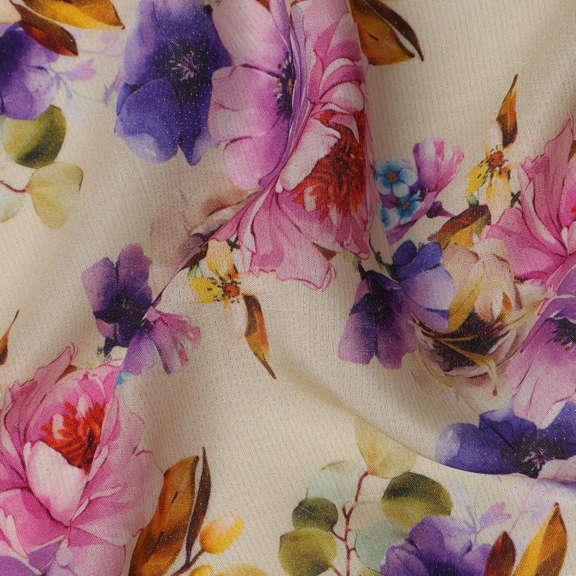 Ivory Pink and Purple Floral Viscose Crepe Digital Print Fabric, 110 cm Wide, Made in India-D20997