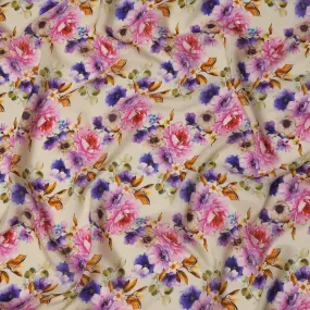 Ivory Pink and Purple Floral Viscose Crepe Digital Print Fabric, 110 cm Wide, Made in India-D20997