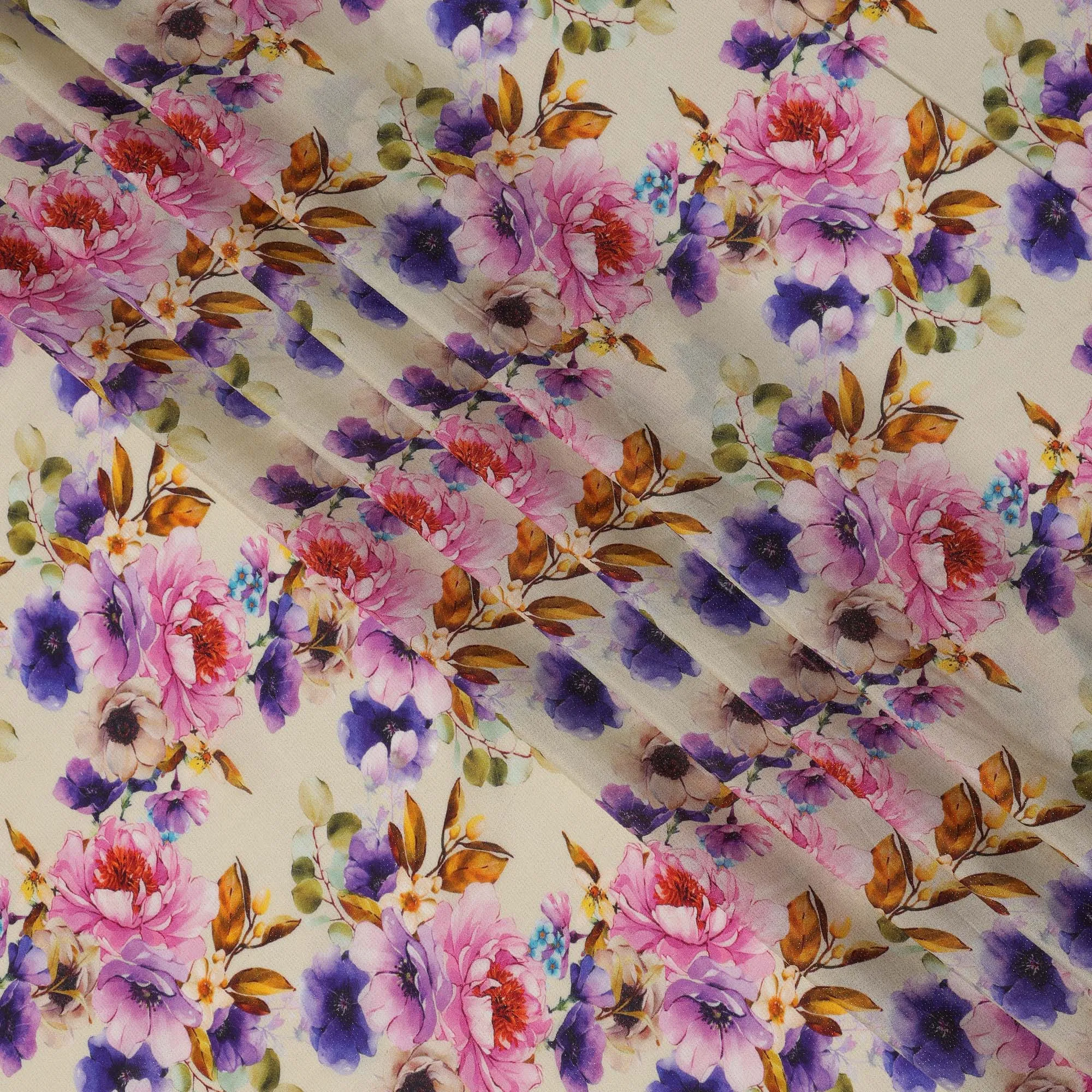 Ivory Pink and Purple Floral Viscose Crepe Digital Print Fabric, 110 cm Wide, Made in India-D20997