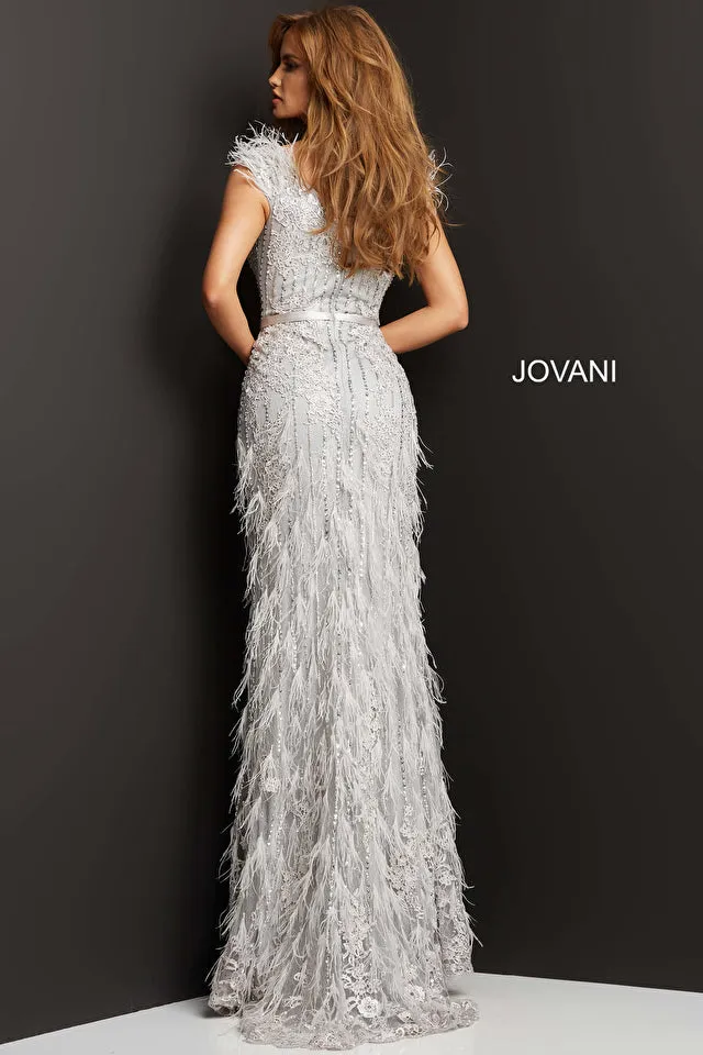 Jovani - 03108 - Beaded Lace Evening Gown with Feather Embellishments