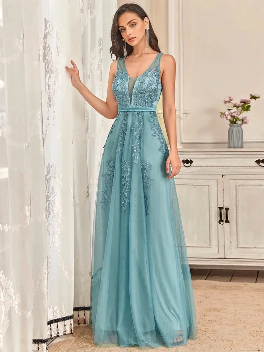 JuliaFashion - 2024 Women Long Lace Beading V-neck Sleeveless Backless Prom Dresses