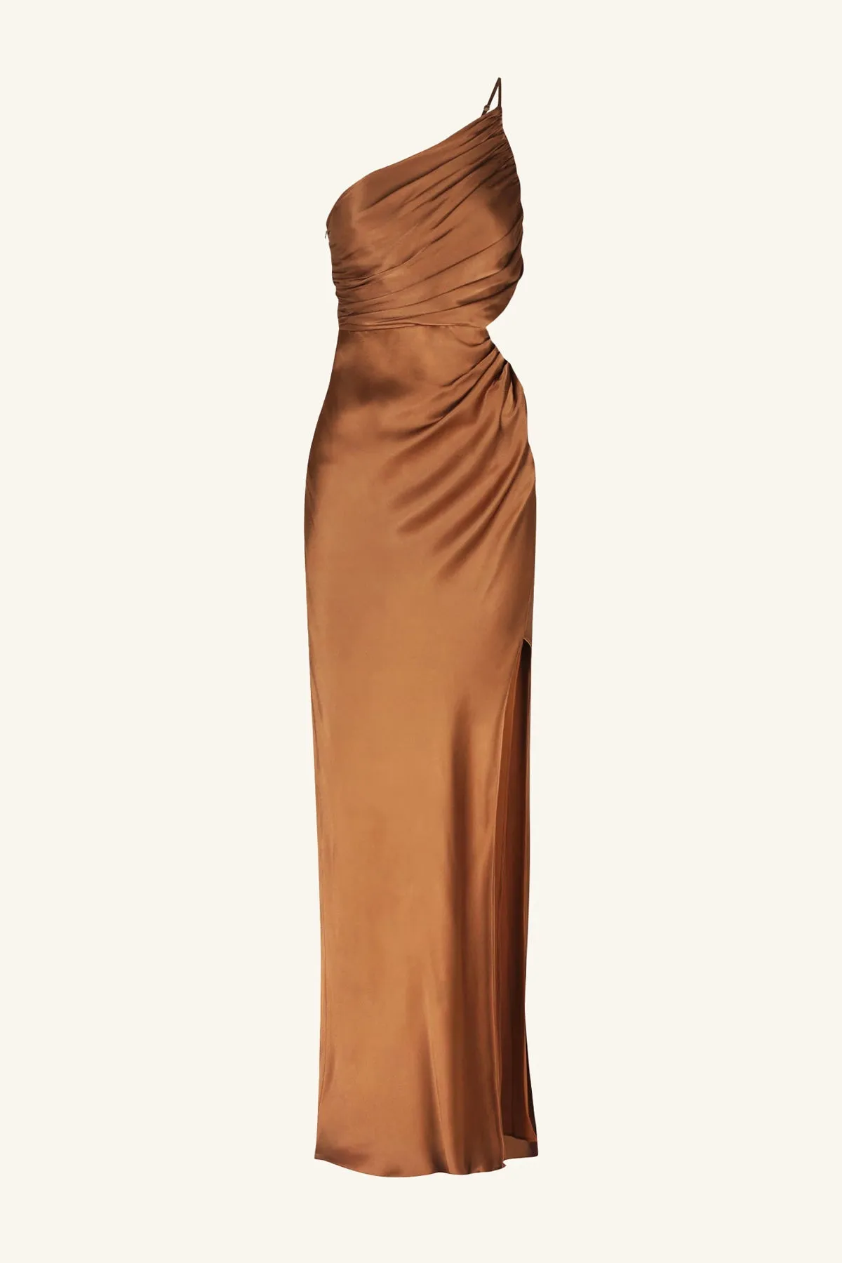 LA LUNE ASYMMETRICAL GATHERED MAXI DRESS - ALMOND