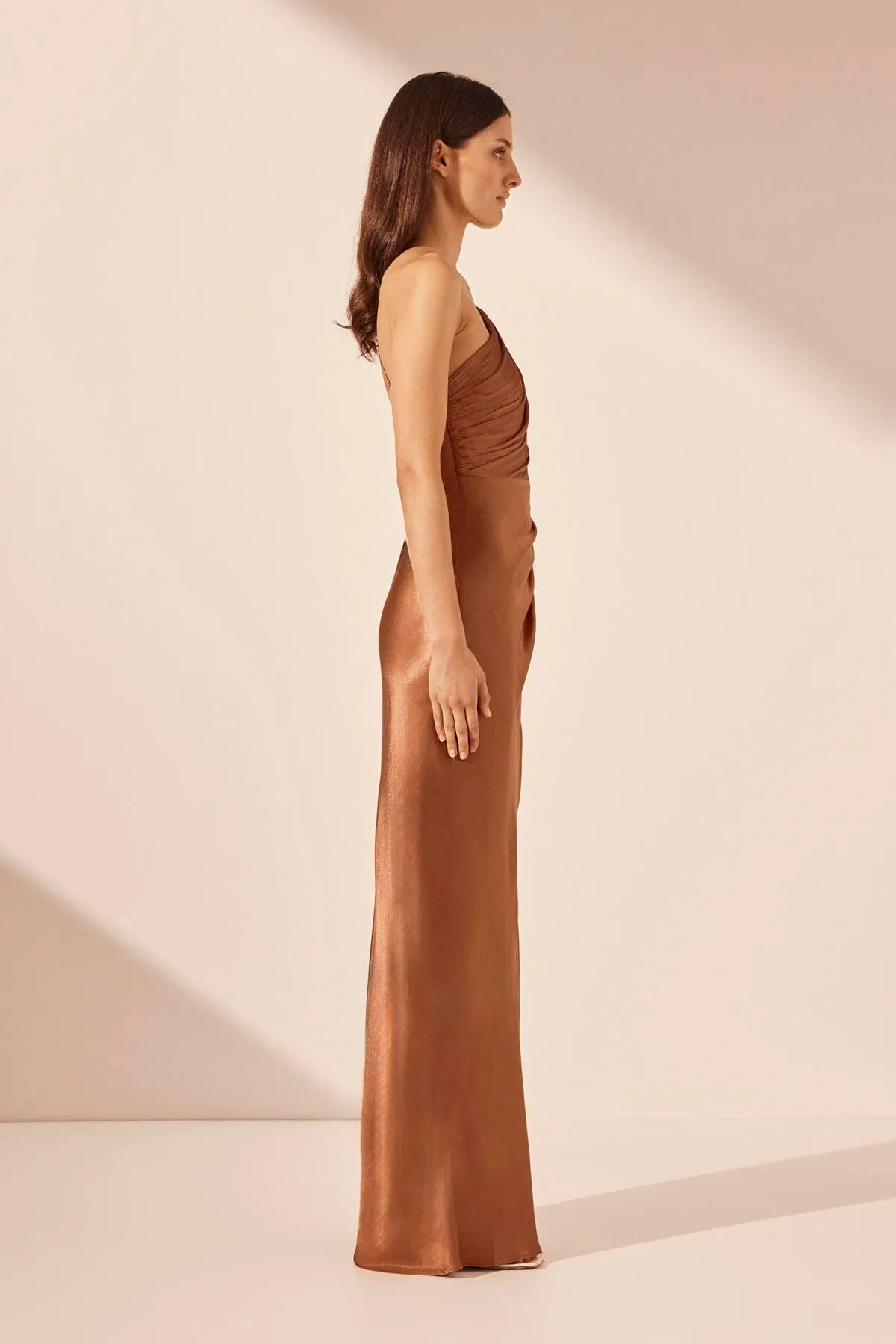 LA LUNE ASYMMETRICAL GATHERED MAXI DRESS - ALMOND