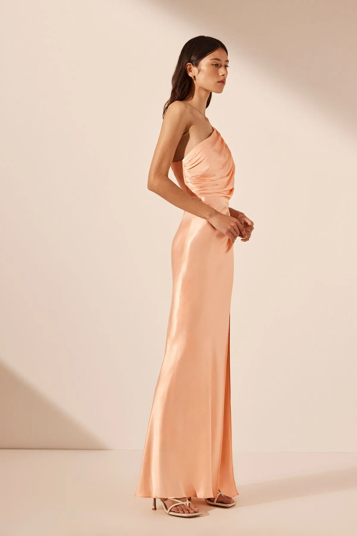 LA LUNE ASYMMETRICAL GATHERED MAXI DRESS - PEACH