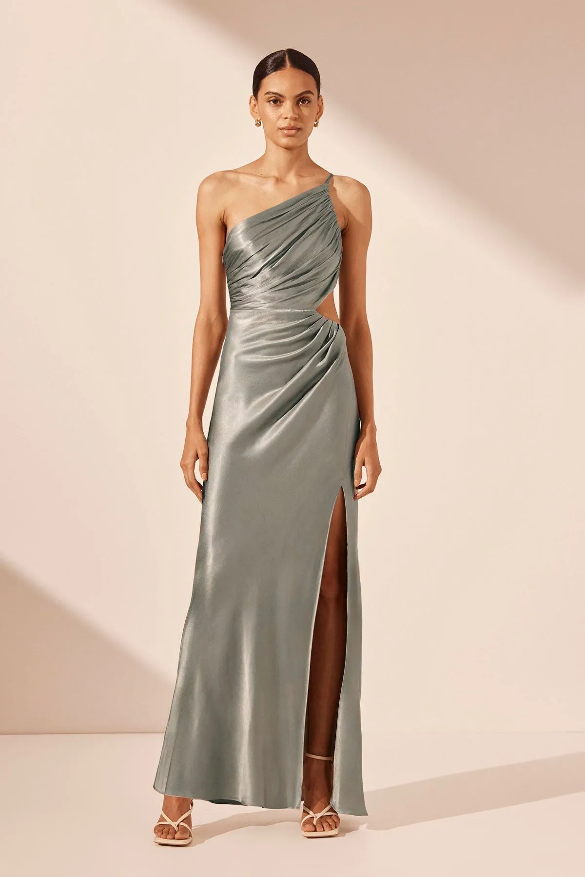 LA LUNE ASYMMETRICAL GATHERED MAXI DRESS - SAGE