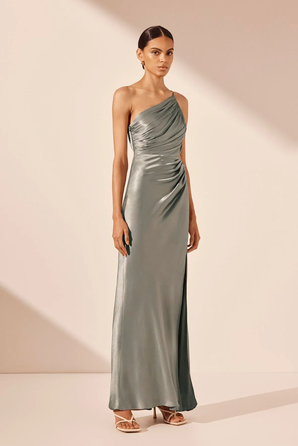 LA LUNE ASYMMETRICAL GATHERED MAXI DRESS - SAGE