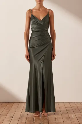 LA LUNE CROSS DRAPED MAXI DRESS - OLIVE