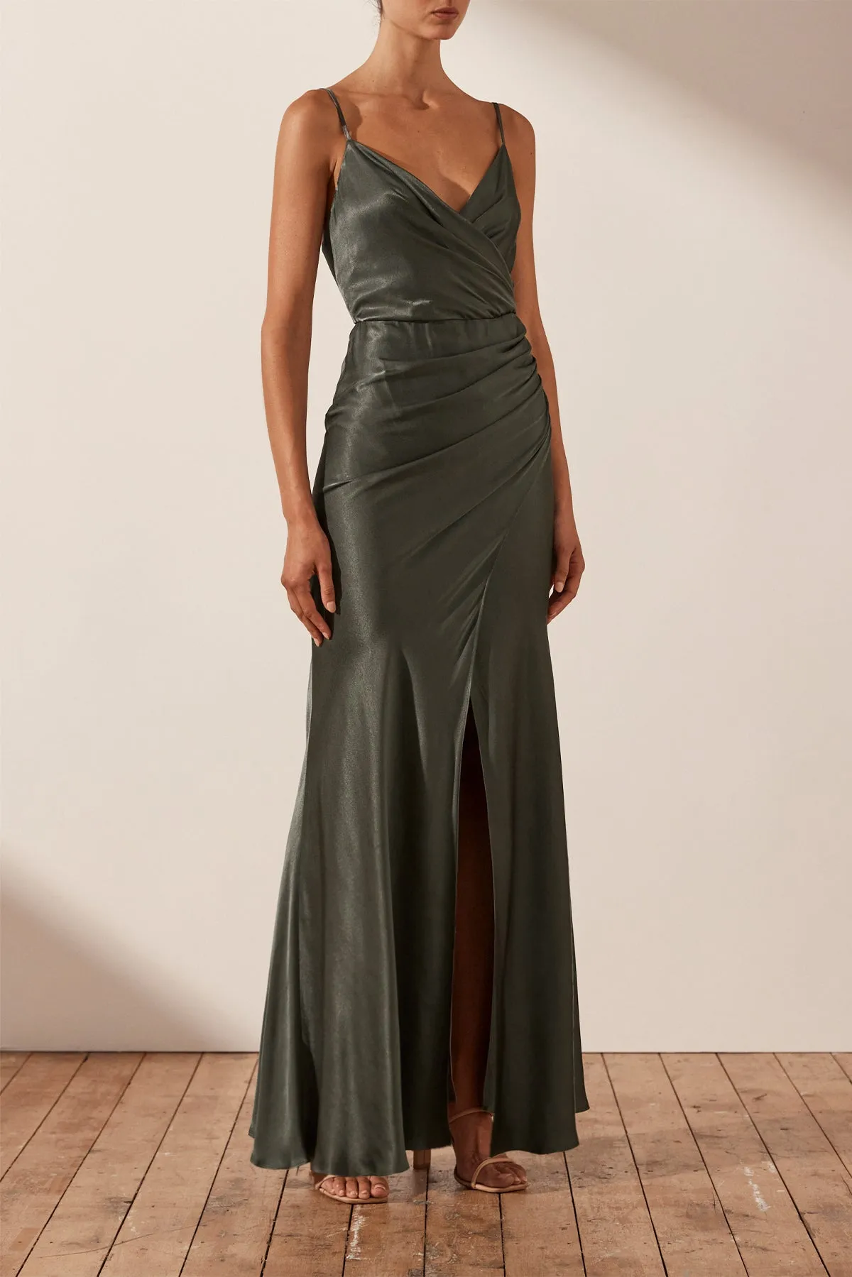 LA LUNE CROSS DRAPED MAXI DRESS - OLIVE