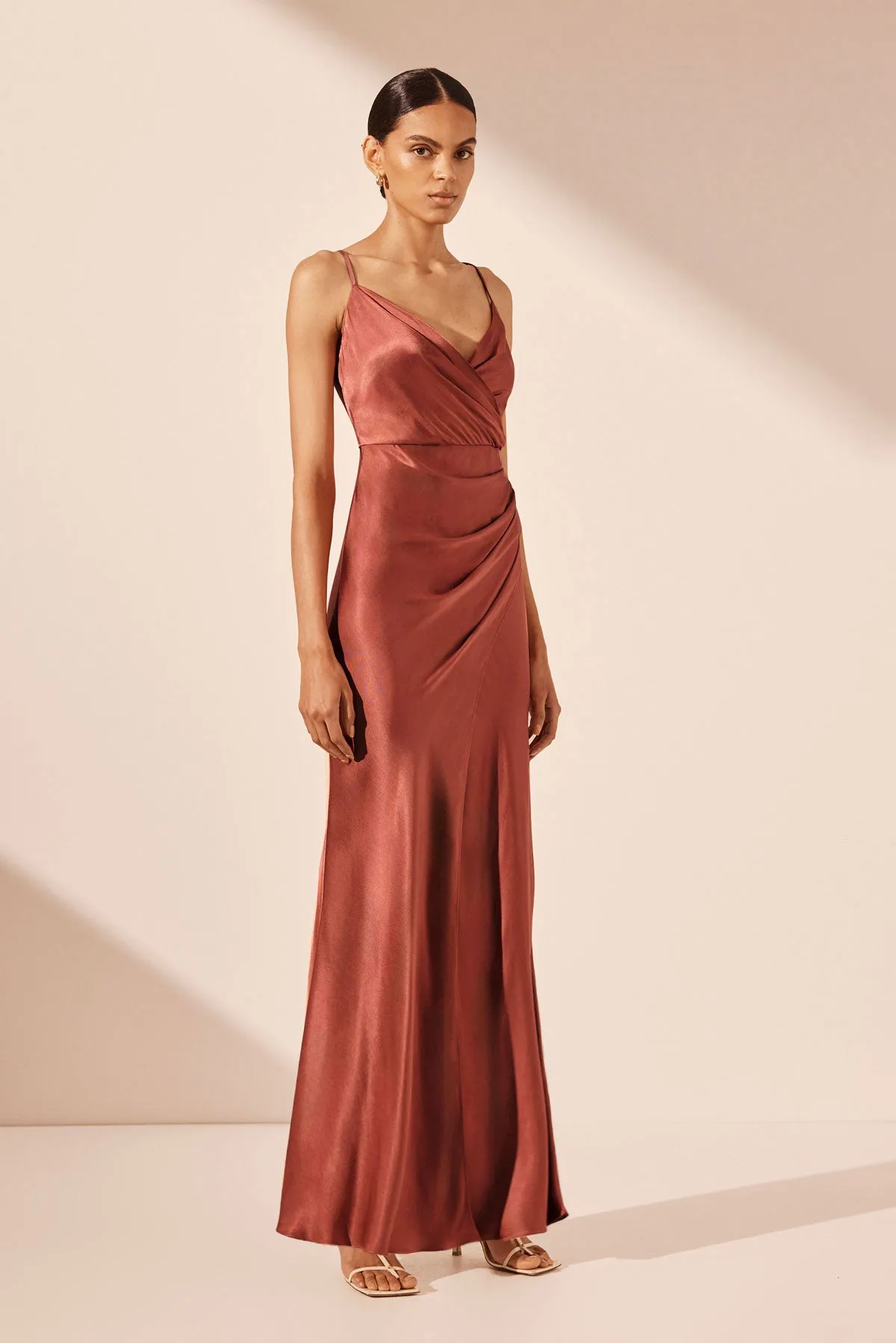 LA LUNE CROSS DRAPED MAXI DRESS - TERRACOTTA