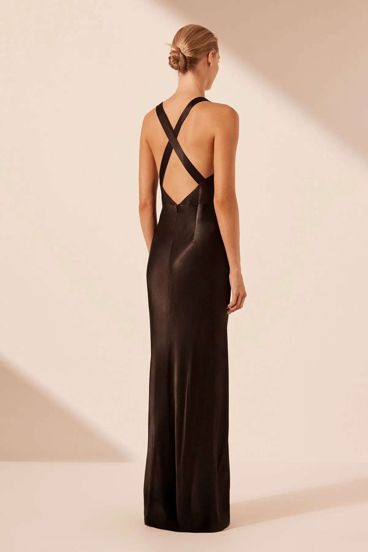 LA LUNE PLUNGED CROSS BACK MAXI DRESS - BLACK