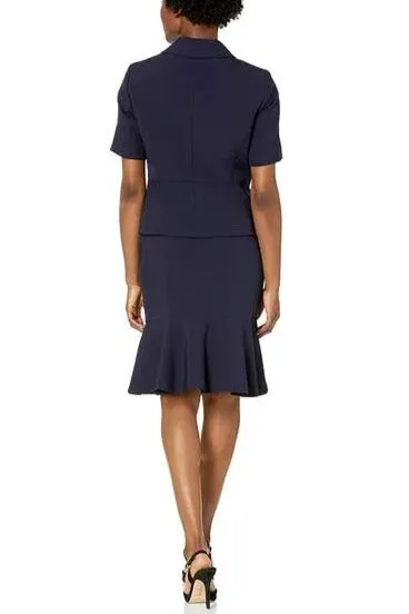 Le Suit 3 Button Notch Collar Short Sleeve Crepe Flounce Skirt Suit