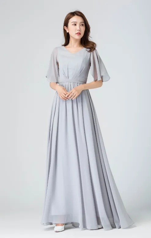 Light Gray V Neck Chiffon Bridesmaid Dress, A Line Maxi Dress, maxi long dress 1910#